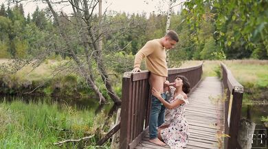 His future wife gets strangers' cum all over her face and chest in the woods