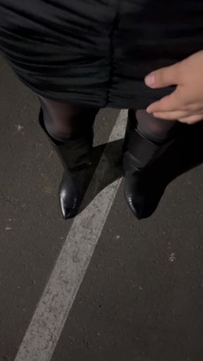 Crossdresser in chastity boots gets frisky