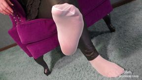 Mistress toes wiggling in white nylon socks