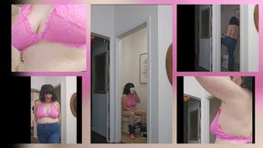 Surprise Pink Bra and Blue Jeans Pee and Model w Convo