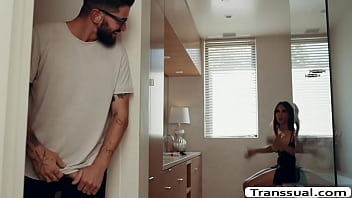 Horny shemale is in the bathroom fixing her self and suddenly,she gets horny and start masturbating her hard shecock.Her stepson watches her and she then calls her and throats his big cock and lets him fuck her wet ass.