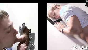 Hungry twink deepthroats hard cock at gloryhole