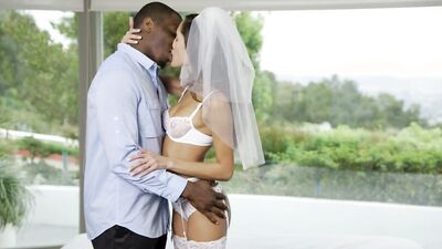 Gorgeous bride in white lingerie hammered by a black stud