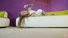 heavily tattooed girl deepthroats and takes long cock into her pierced pussy