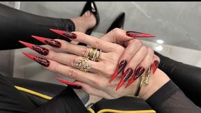 RED color Long nails, sharp stilettos, palms, long fingers and hands worship