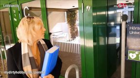 ”Lustful blonde rides meat after class”