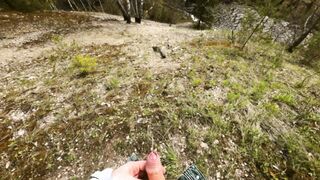 Furry kinky guy with a dick urinates in the spring woods right on camera