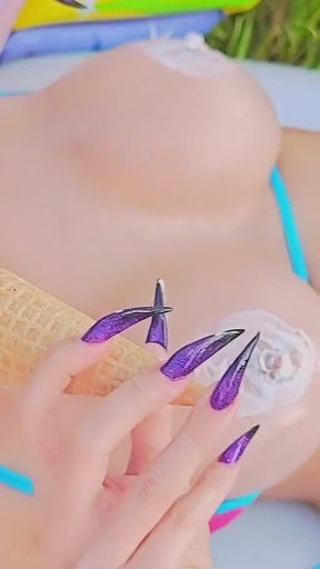 A Beautiful Girl on the Beach Seduces You in a Micro Bikini, Smears Her Body with Oil and Ice Cream and Fucks Anally