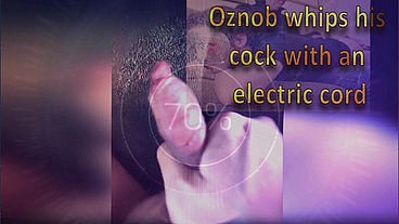Amateurboy whips his cock with an electric cord