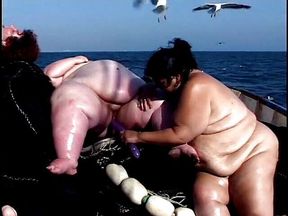 Four horny BBW lifeguards fuck each other on the deck with toys