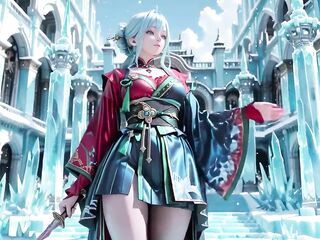 Ice Throne! Silver-haired Mage in Red-Green Gown Kneeling, Blue-Haired Partner Teasing in Snowy Kingdom!