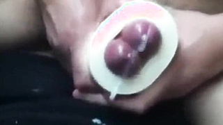 Buddies using a cock sleeve together with nice cumshots 8