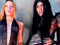 Big tit shemale jerks her long cock