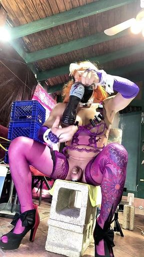 Sexy Shemale in Violet Lingerie Inserting Bottle in His Ass