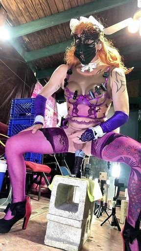 Sexy Shemale in Violet Lingerie Inserting Bottle in His Ass