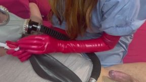 LATEX GLOVED MISTRESS PUMPS HER PATIENT'S DICK WITH A FINAL HANDJOB