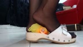 Crushing LED toys with my nylons and Berkemann wooden sandals nylons feet