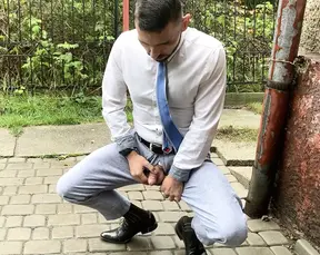 outdoor pissing in suit and tie