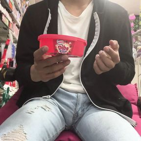 Hello, honey, observe me while I eat this delicious Bibs Crunch ice cream to generate more cum on my body.