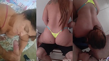 Ruiva putona engole o pau grande do marido corno até levar leitinho na cara e logo depois eles vão na casa do amigo comedor pra ela chupa outra rola grossa