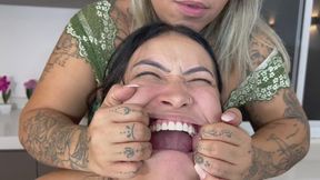 Facial domination by blonde goddess on Asian face