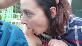 sexy redhead gives public outdoor blowjob before swallowing cum