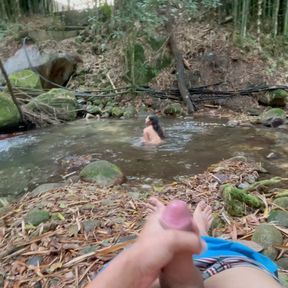 My shy stepsister bathes in the river, while she watches her I masturbate until I end up fucking her delicious ass