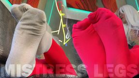 Wiggling my toes for you in red tights and dirty white socks (MP4 HD) Foot Fetish Tease