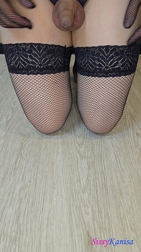Sissy Kanisa Jerking off and Cum on Black Net Stocking