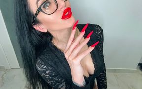 Bright Red Long Nails, Finger Sucking, Black Lace Lingerie Face and Long Fingers Fetish