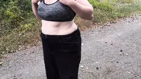 Punishment walk - stuffing her bra and panties in the woods