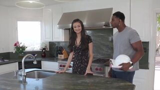 Black man humps small-tittied Latina in her kitchen