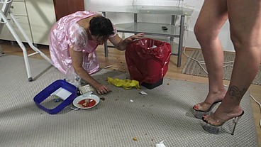 3 Giantess Girls humiliate their small sissy cleaning slave and milk him hard