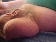 Chubby enby with big fupa relaxing, playing with big balls, soft cock