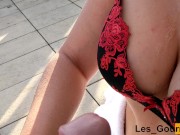 MILF jerks off her husband on her beautiful lingerie, on the terrace of a luxury hotel in Porto