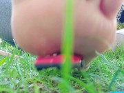 Giantess with big sweaty feet crushes toy cars and smashes them all