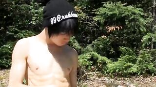 Adorable Asian Daniel Tanner in hard core wanking solo outdoors for you