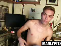 Skinny blond Atlas Evan wanks hard until hot cum spurts