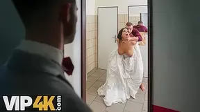 VIP4K. Being locked in the bathroom, sexy bride doesnt lose time and seduces random guy