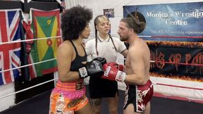 Professional Muay Thai Fighter Lady Black Venus Demonstrates her Superiority Over a Weak Man