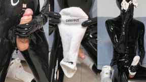 Rubber twink masturbates and cums with Nike Dri-Fit socks