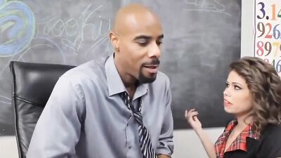 Petite chick Bailey Paige is banging with a naughty black professor