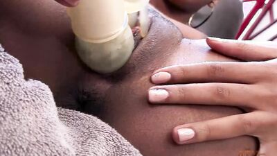 Ebony babe Jazzy Jamison takes a rabbit vibrator up her tight pussy