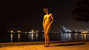 Nude in high heels in public