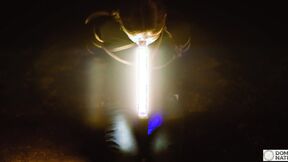 Deepthroating light wand, gagging on shaft under the stars