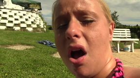 A horny sexy blonde whore gets her pussy and ass pounded by her friend by the pool