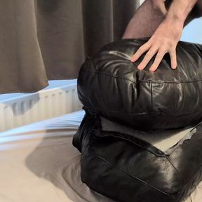 Humping and cum on my black leather pillows