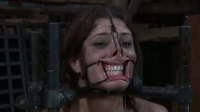 Bounded bitch with extender and clips on her face gets her pussy toyed