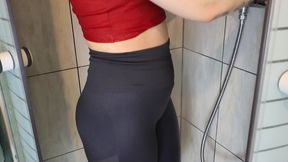 Thighjob Cumshot Showering with Clothes and Stripping Naked