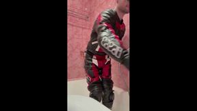 Leather Biker Kinkysirius Take a Shower in Motogear Fetish Outfit!